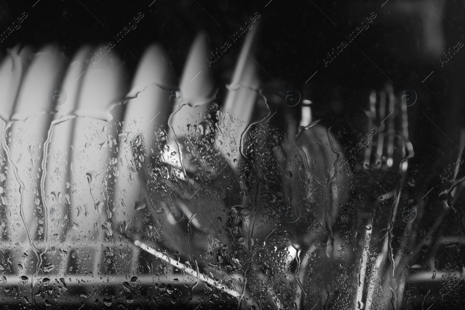 Photo of Clean plates and cutlery in dishwasher, view through wet glass