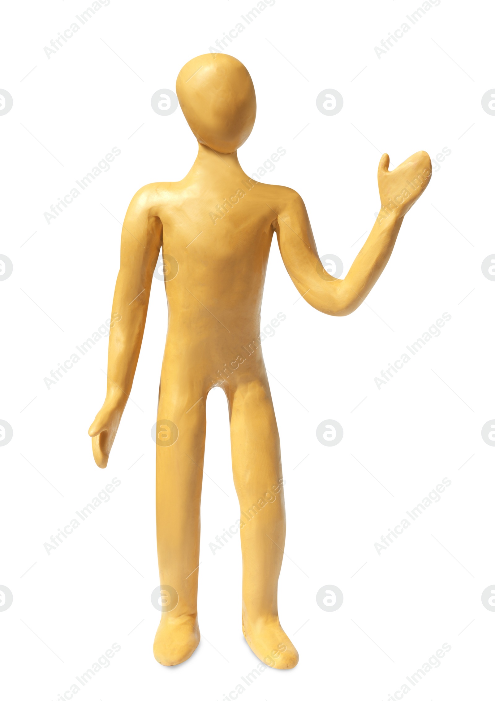 Photo of Human figure made of yellow plasticine isolated on white