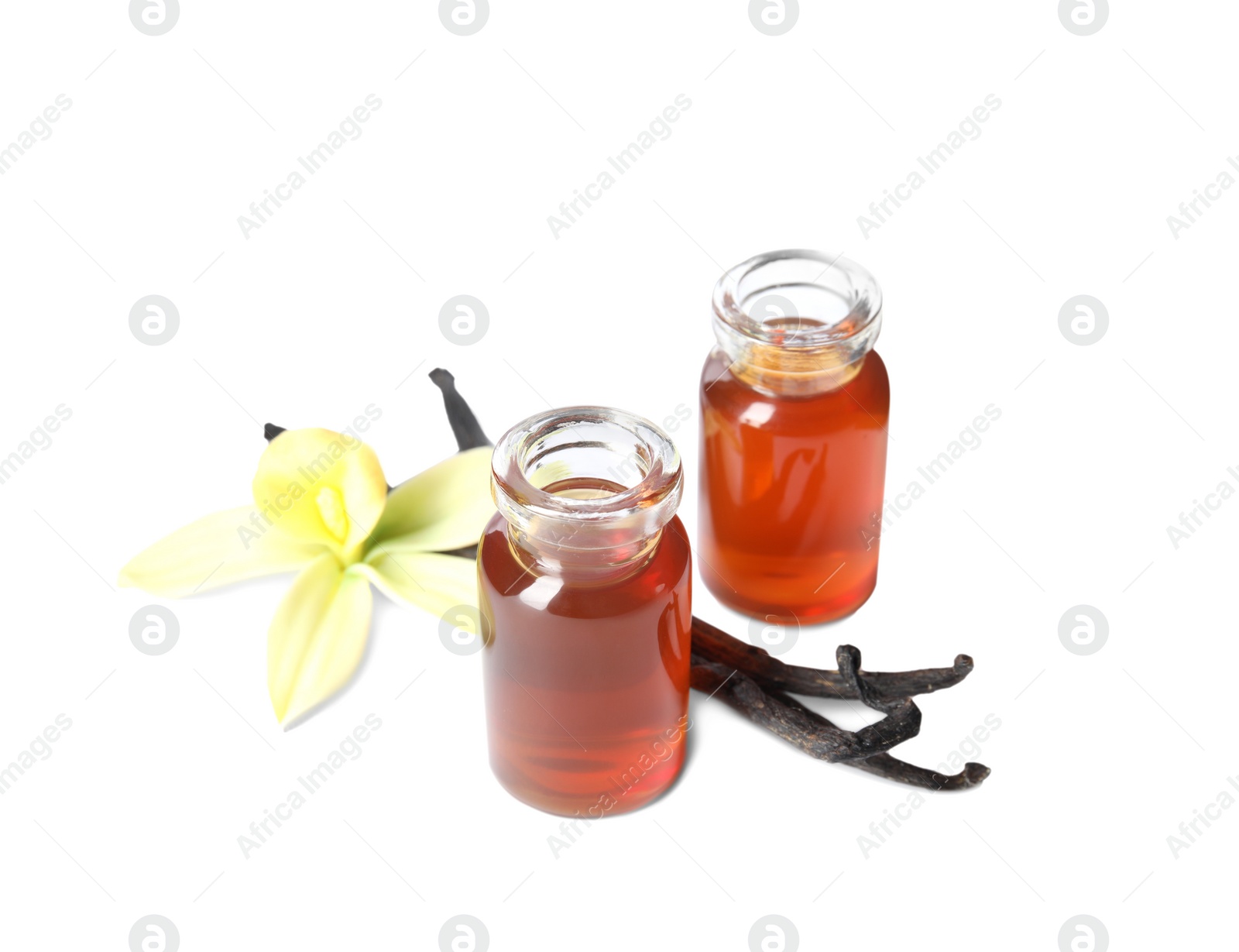 Photo of Vanilla extract, flower and dry pods isolated on white