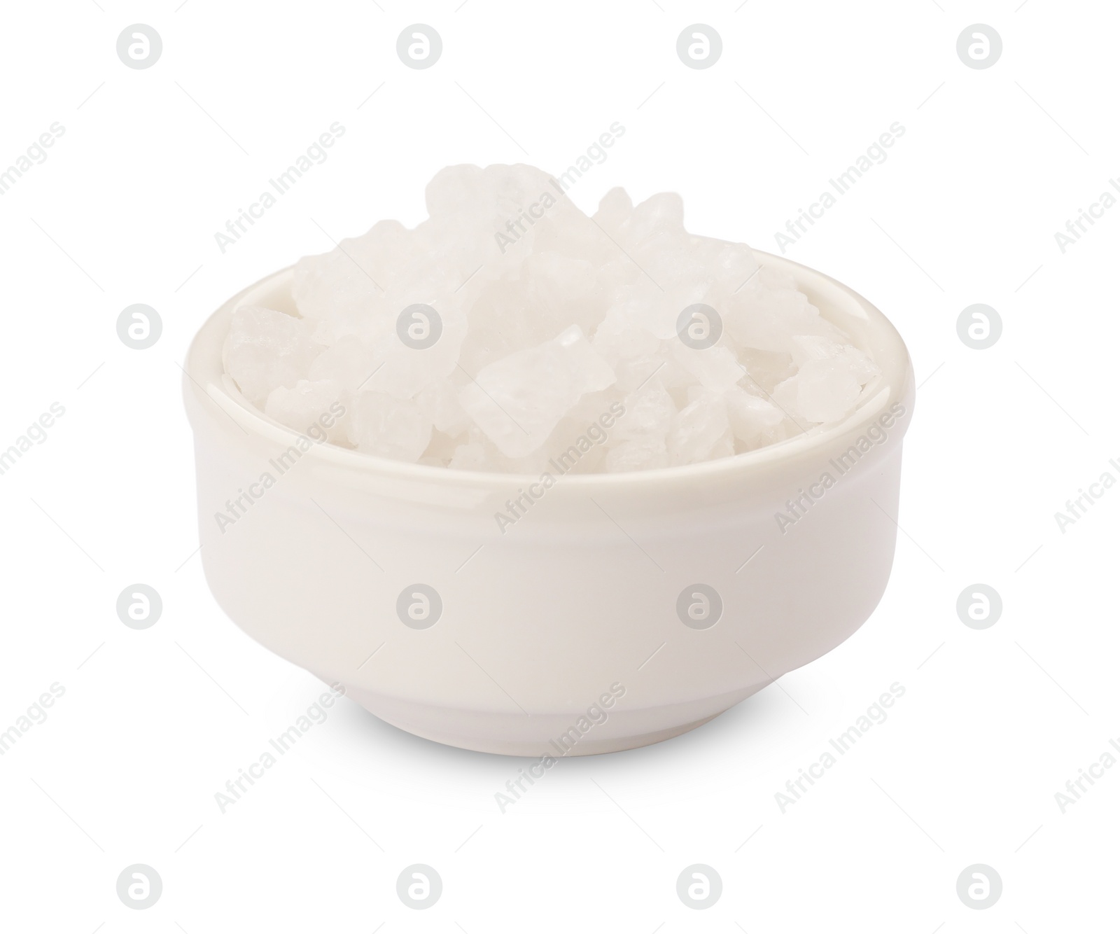 Photo of Bowl of sea salt isolated on white