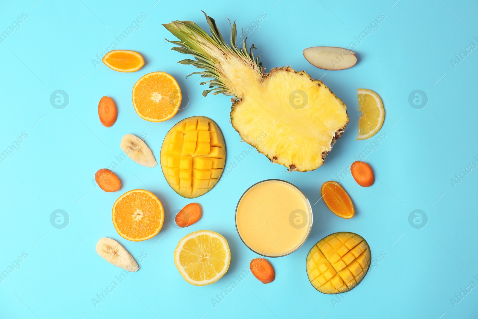 Photo of Flat lay composition with healthy detox smoothie and ingredients on color background