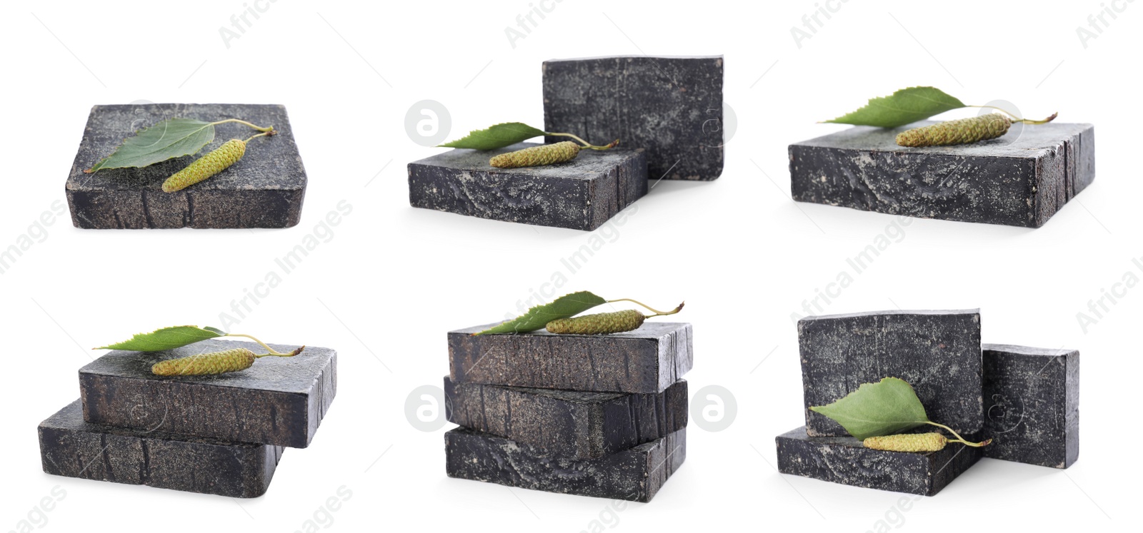 Image of Set with tar soap bars on white background. Banner design