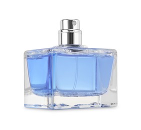 Blue men perfume in glass bottle isolated on white