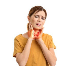 Woman with thyroid gland disease on white background