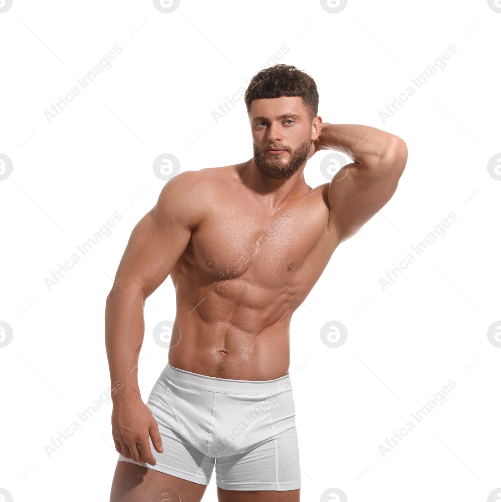 Photo of Handsome muscular man isolated on white. Sexy body