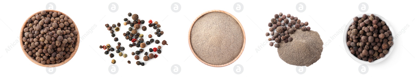 Image of Set of ground pepper and grains on white background, top view. Banner design 