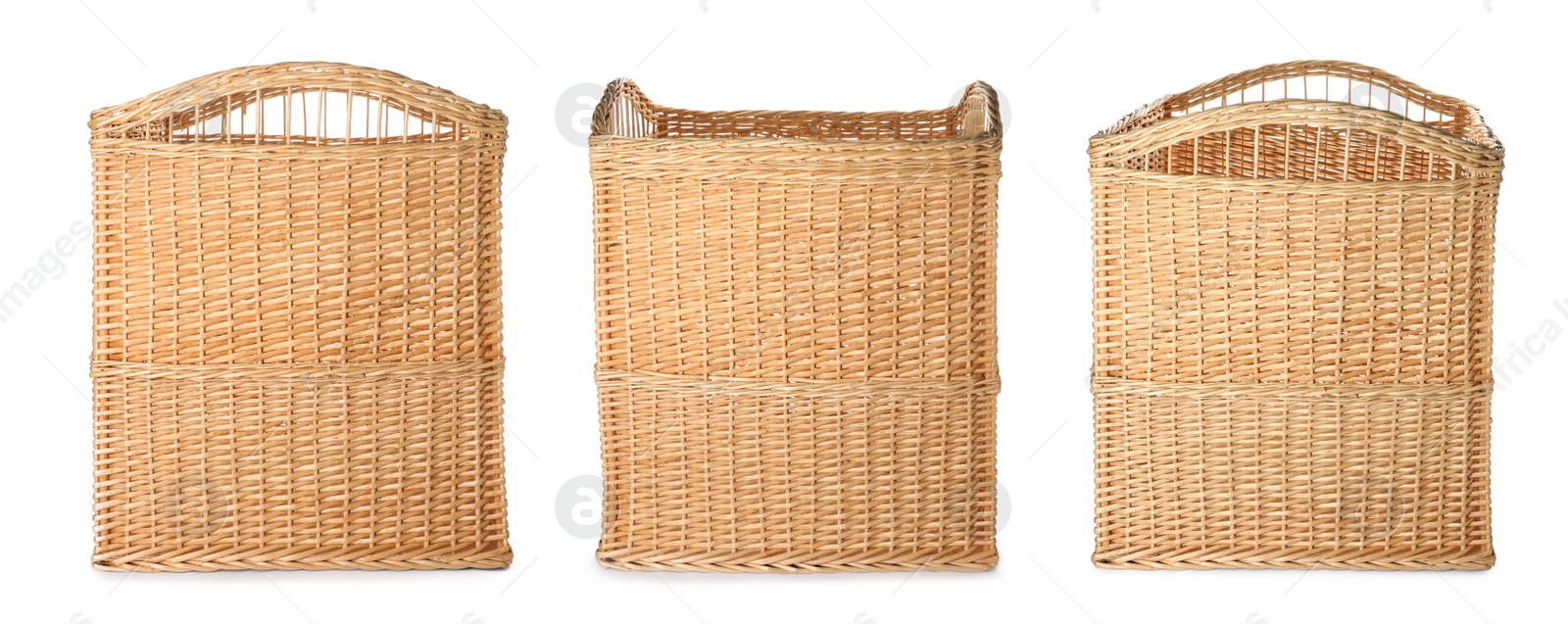 Image of Set with empty wicker baskets on white background, banner design