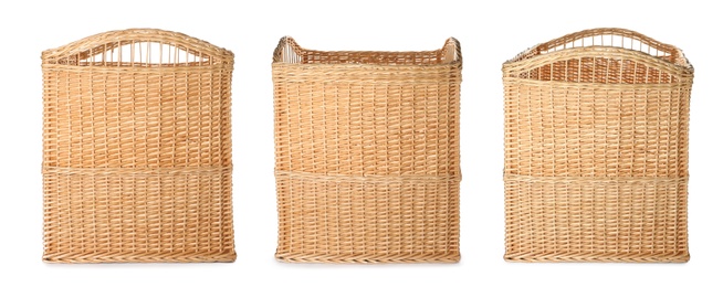 Image of Set with empty wicker baskets on white background, banner design