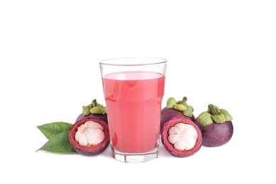 Photo of Delicious mangosteen juice and fresh fruits on white background