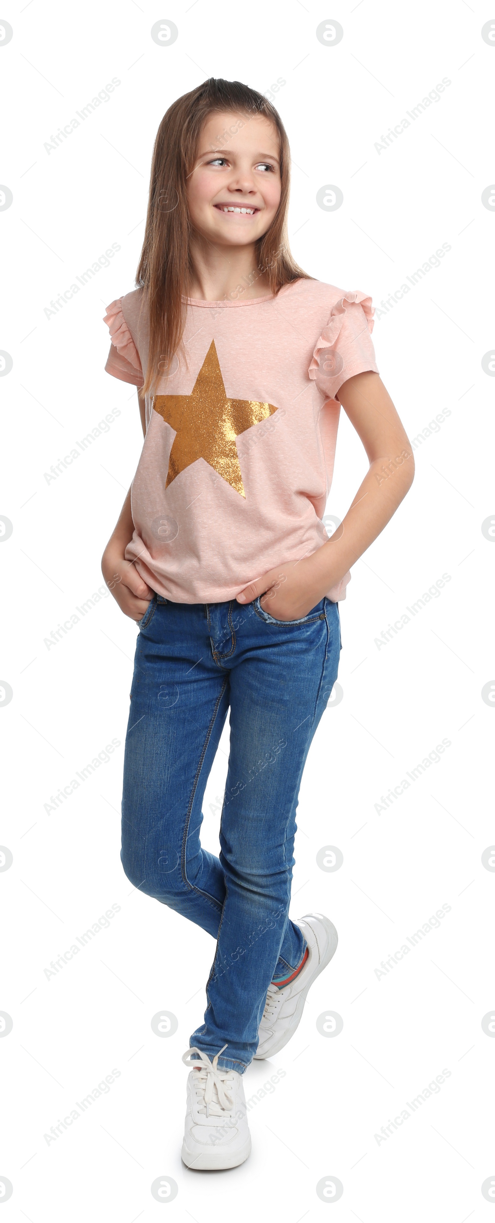 Photo of Full length portrait of preteen girl on white background