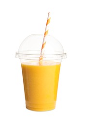 Plastic cup of tasty mango smoothie on white background