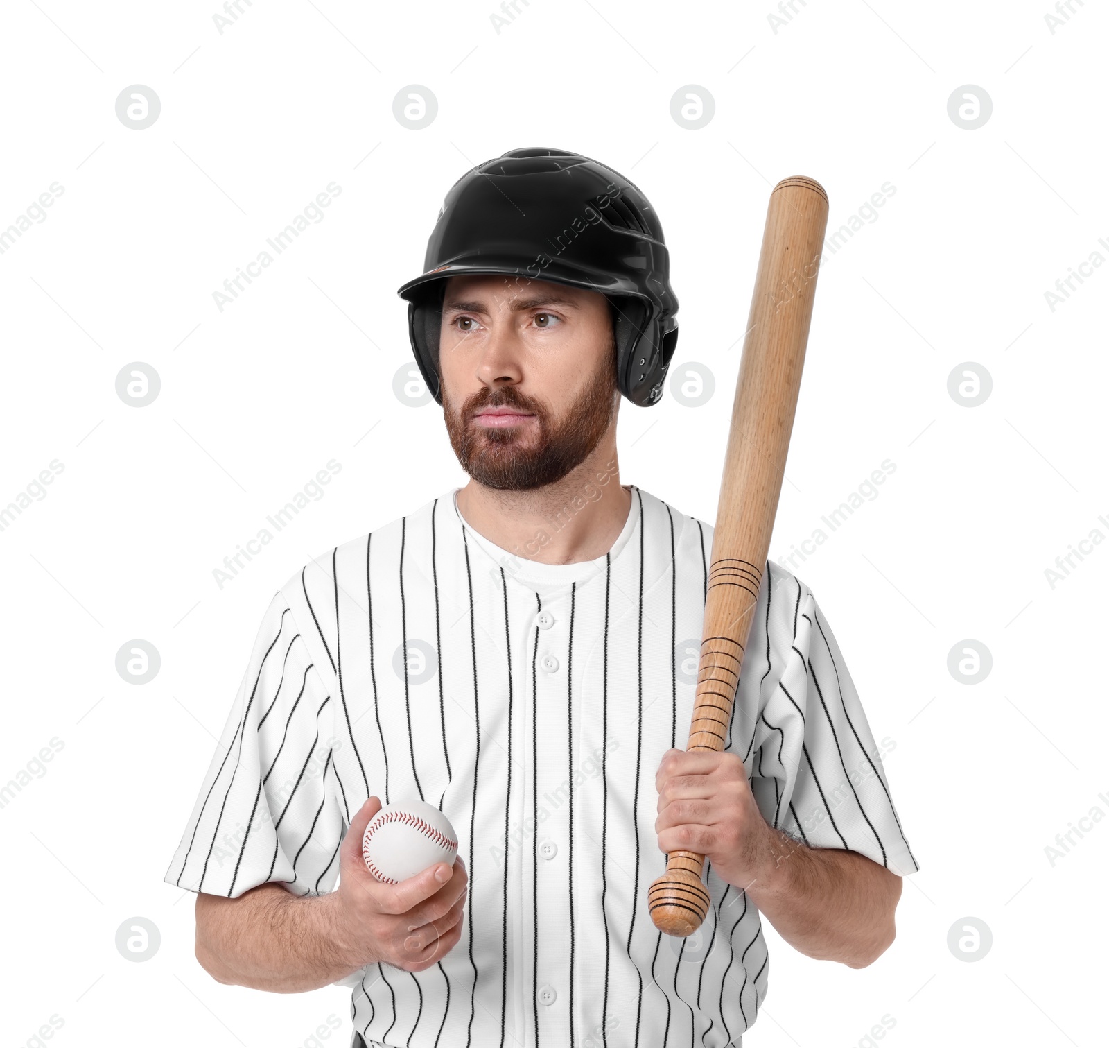 Photo of Baseball player with bat and ball on white background