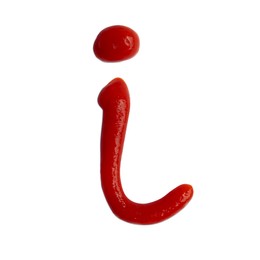 Letter I written with ketchup on white background