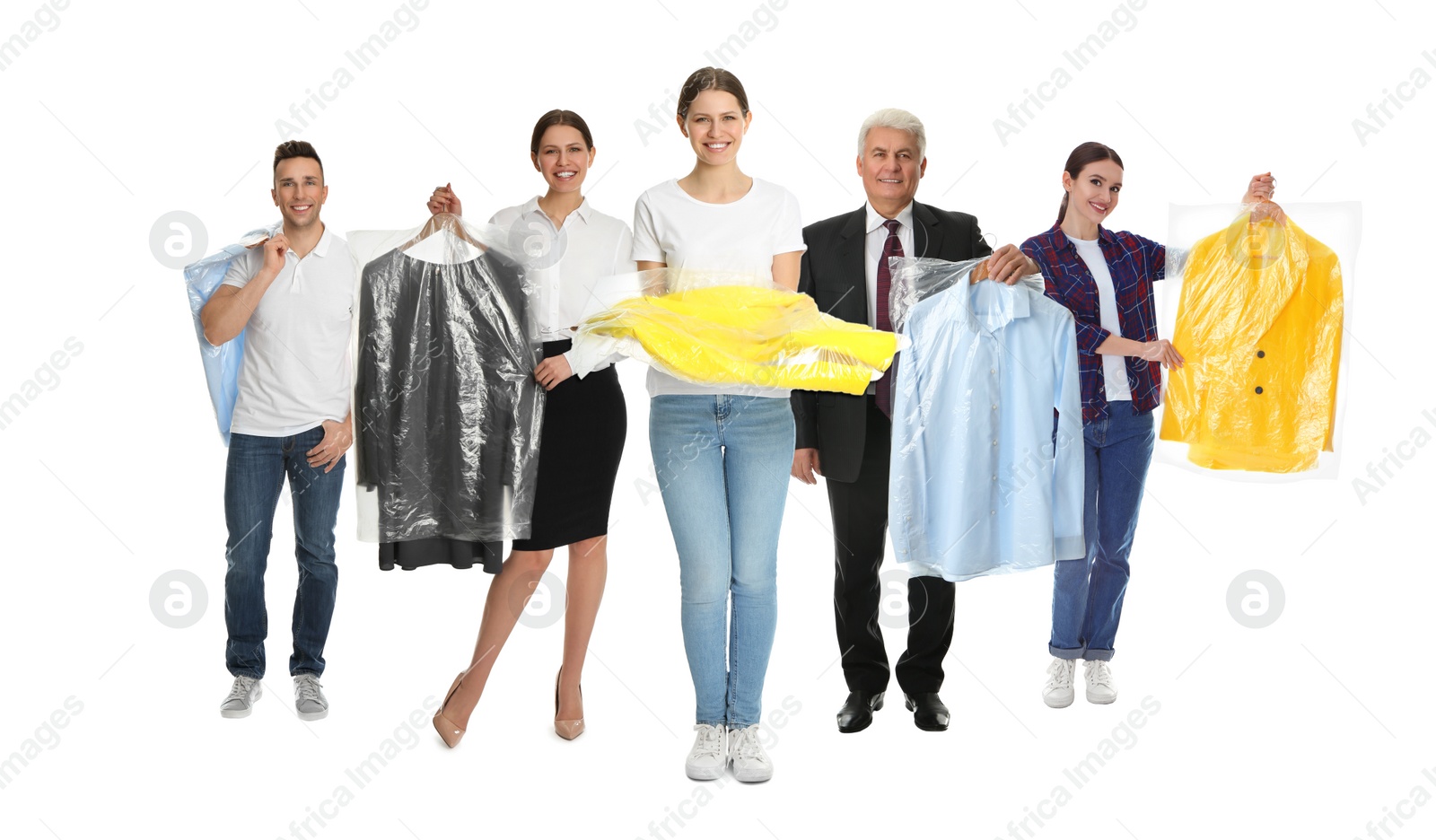 Image of Collage with photos of people holding clothes in plastic bags on white background. Dry-cleaning service