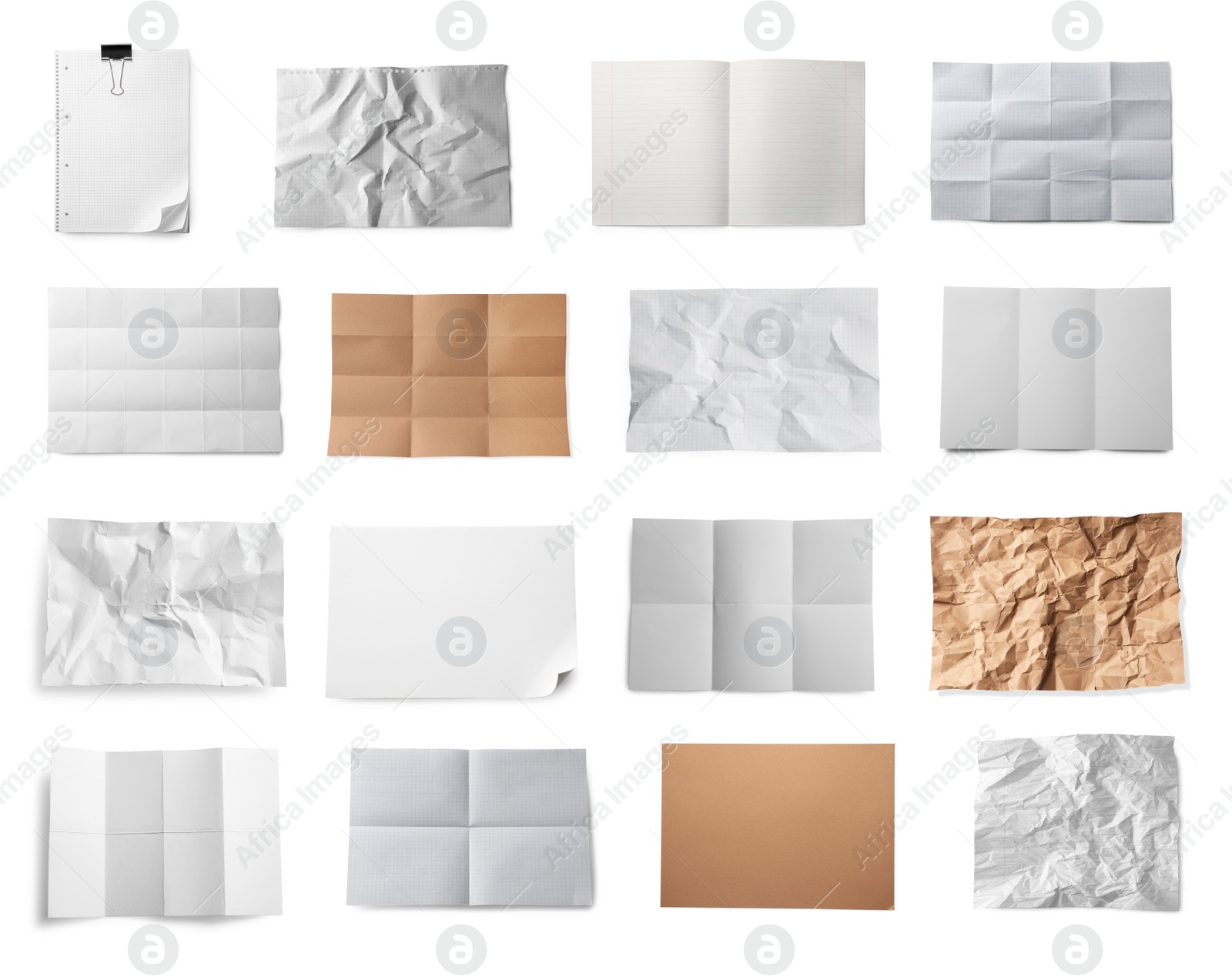 Image of Set with different sheets of paper on white background, top view