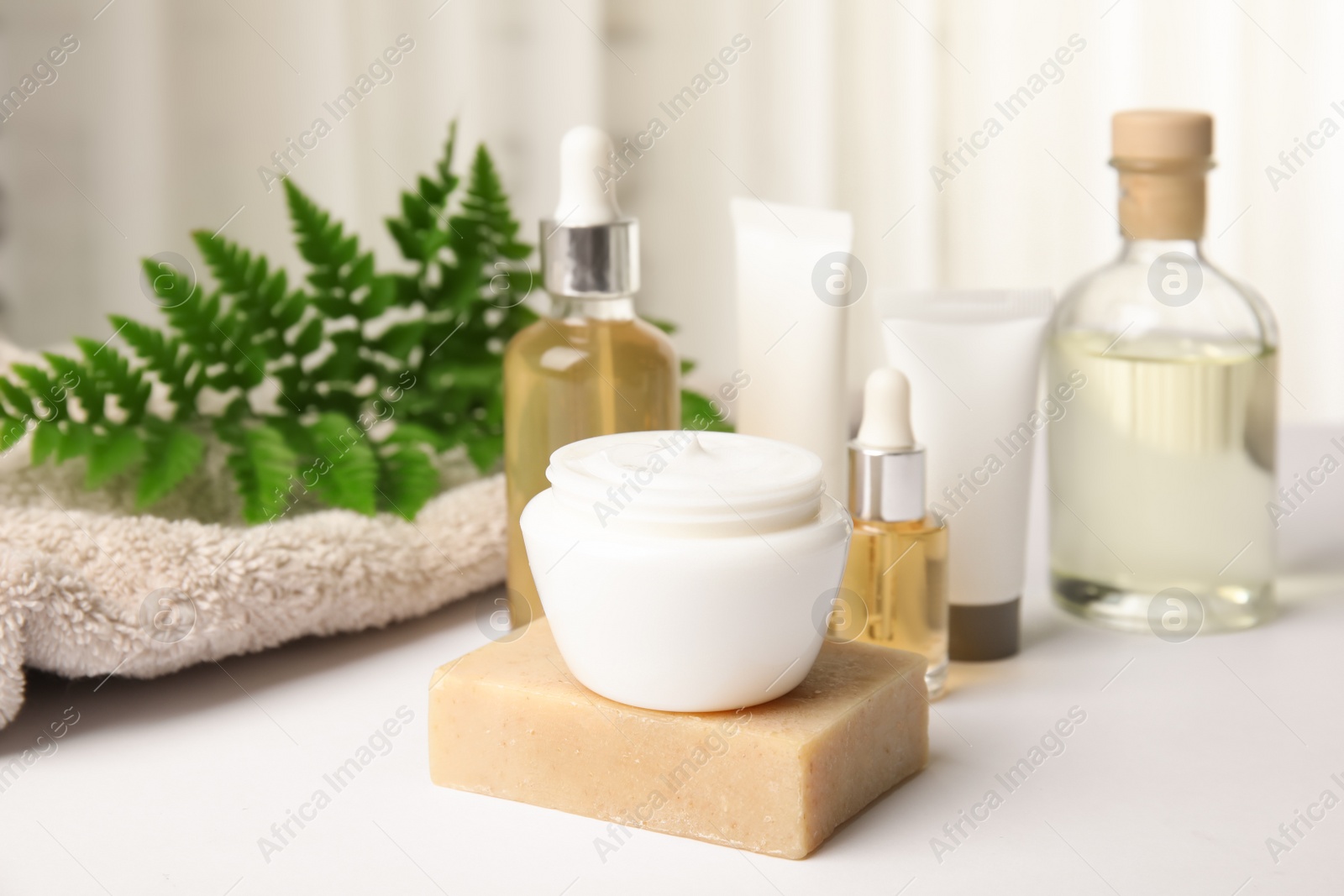 Photo of Composition with different body care products on table. Mockup for design