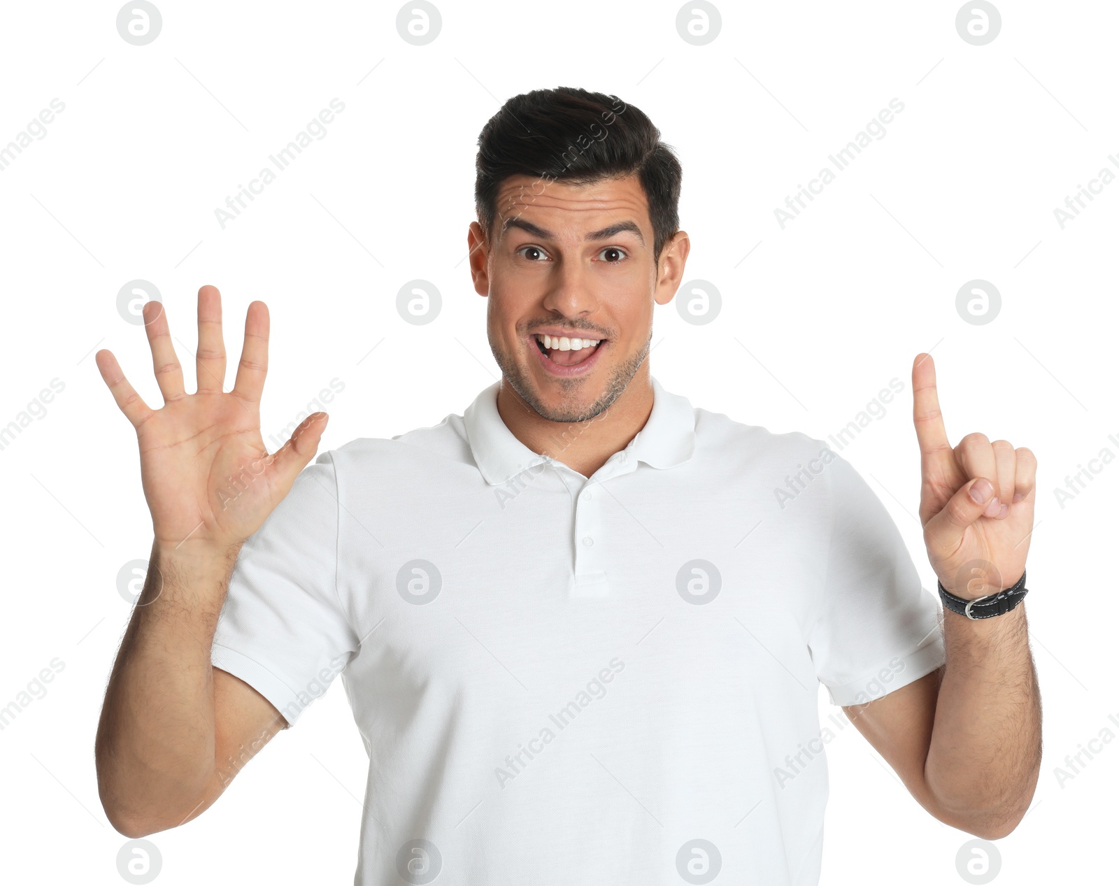 Photo of Man showing number six with his hands on white background