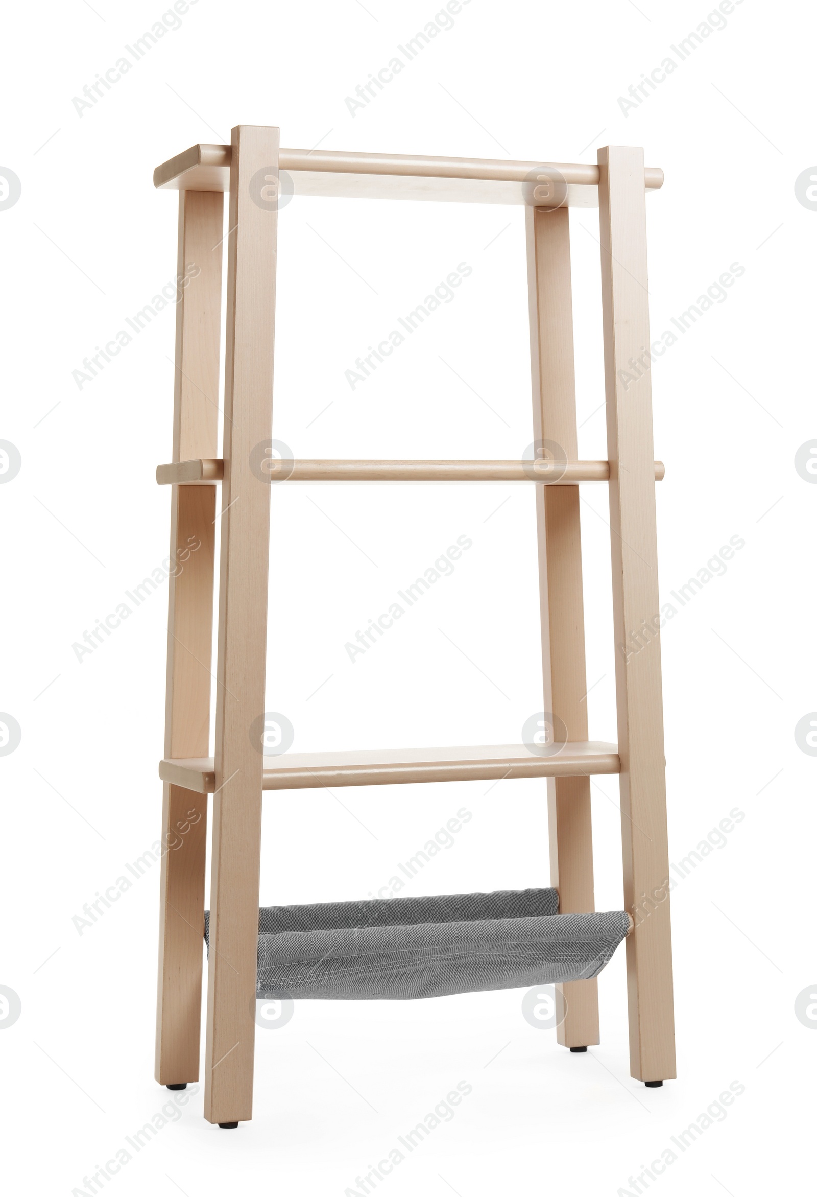 Photo of Empty wooden shelving unit isolated on white