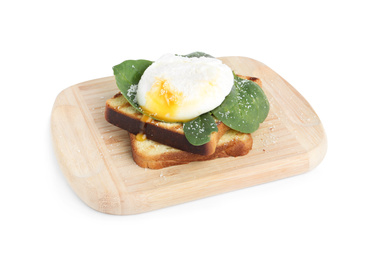 Photo of Delicious poached egg with toasted bread and spinach isolated on white