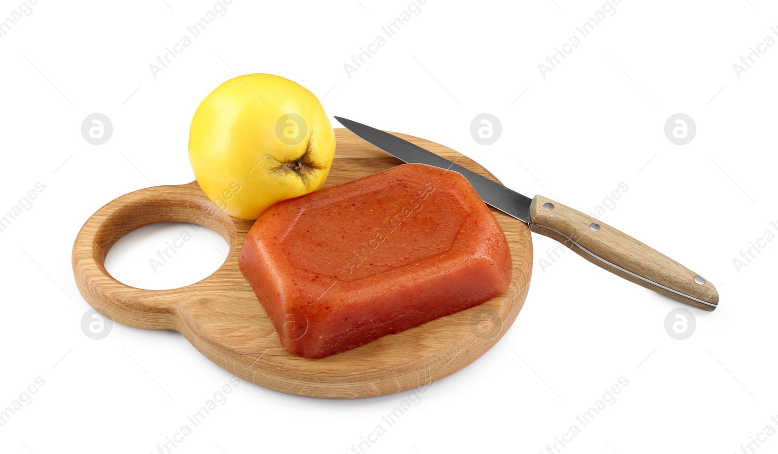 Photo of Delicious sweet quince paste, knife and fresh fruit isolated on white