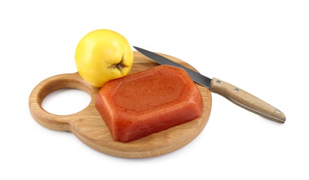 Photo of Delicious sweet quince paste, knife and fresh fruit isolated on white