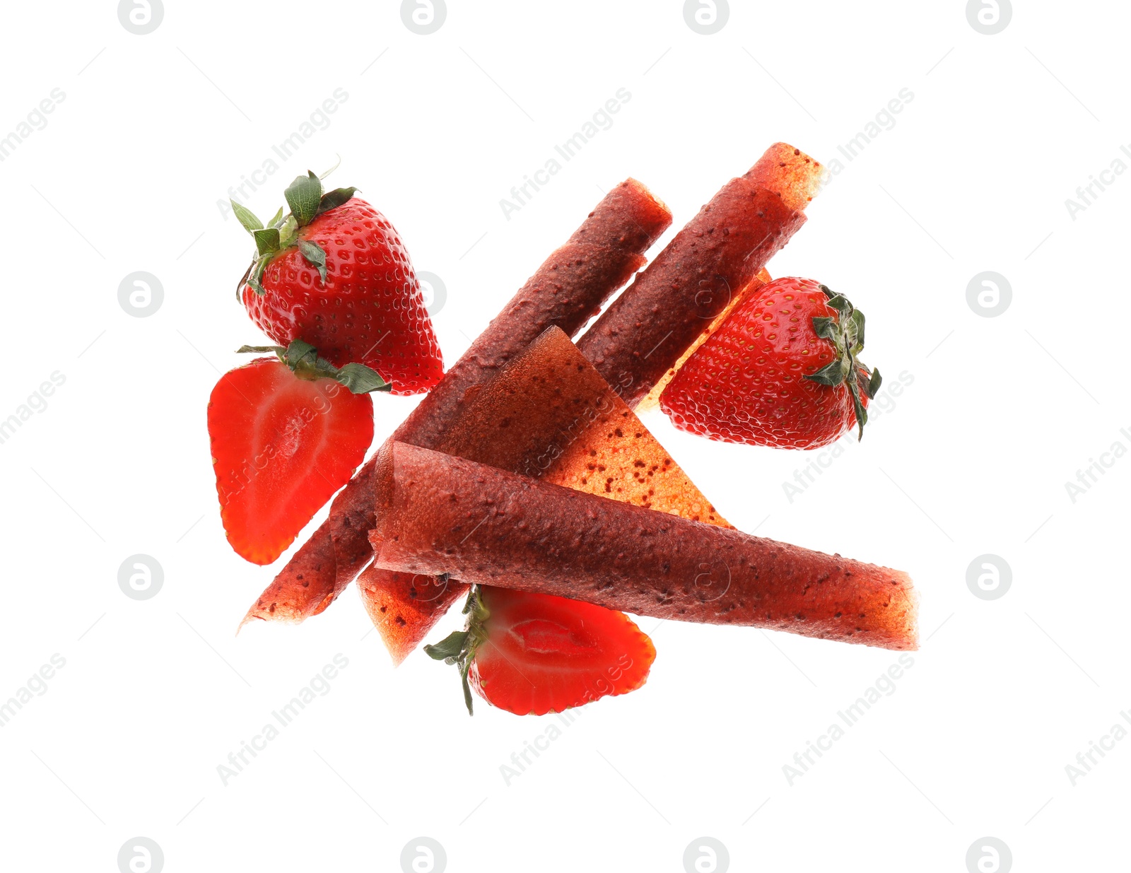 Photo of Delicious fruit leather rolls and strawberries on white background, top view