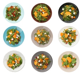 Image of Set of tasty persimmon salads on white background, top view