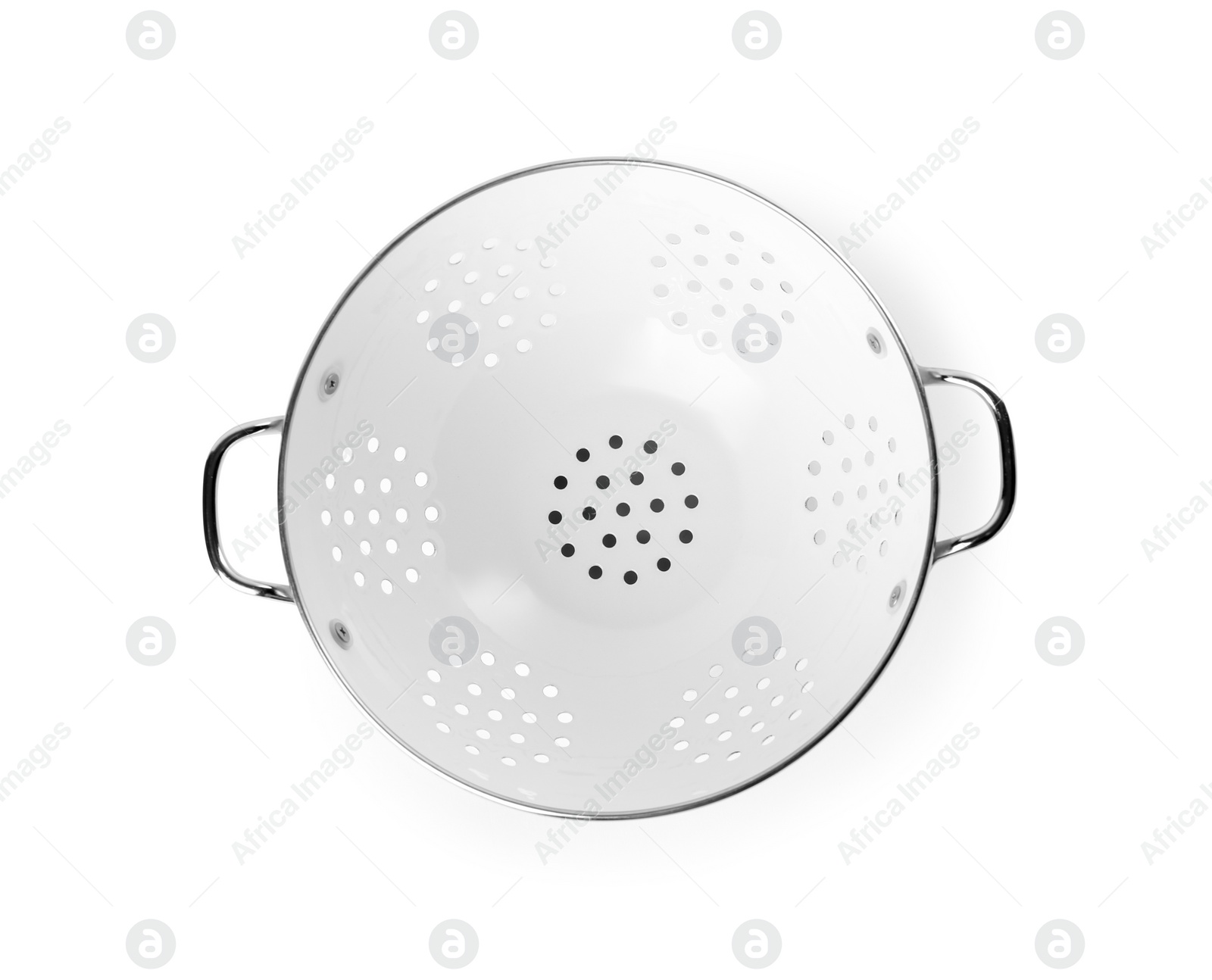 Photo of New clean colander isolated on white, top view. Cooking utensils