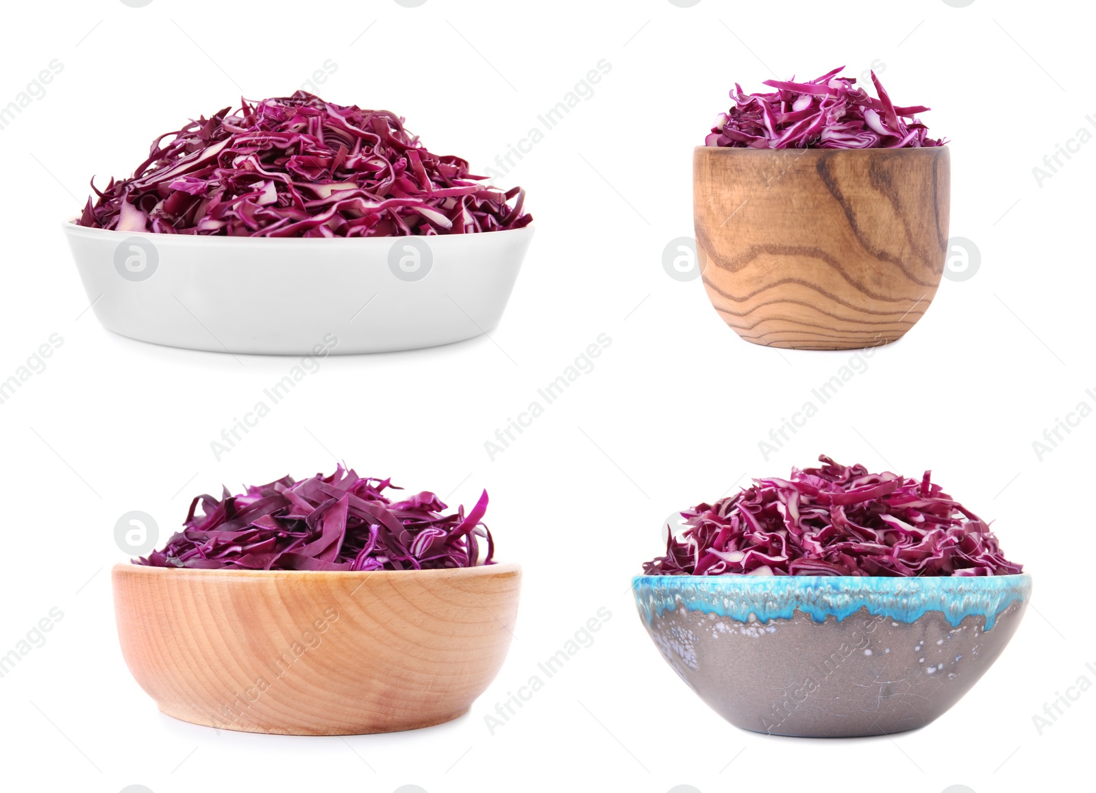 Image of Set of bowls with chopped red cabbage isolated on white 