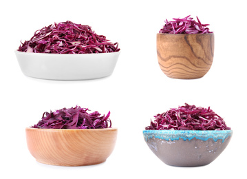 Image of Set of bowls with chopped red cabbage isolated on white 