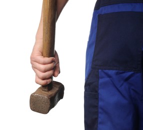 Man with sledgehammer on white background, closeup