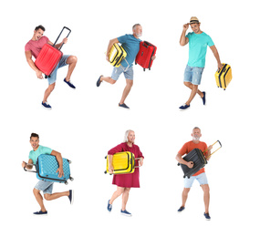 Image of People with different suitcases on white background, collage
