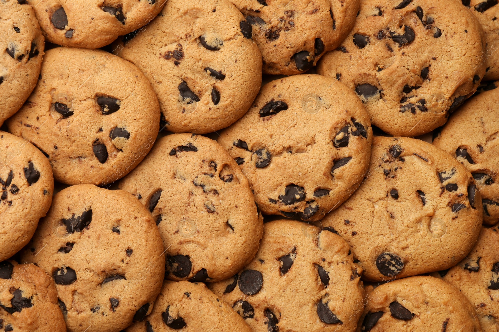 Photo of Delicious chocolate chip cookies as background, top view