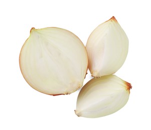 Pieces of fresh onion on white background, top view