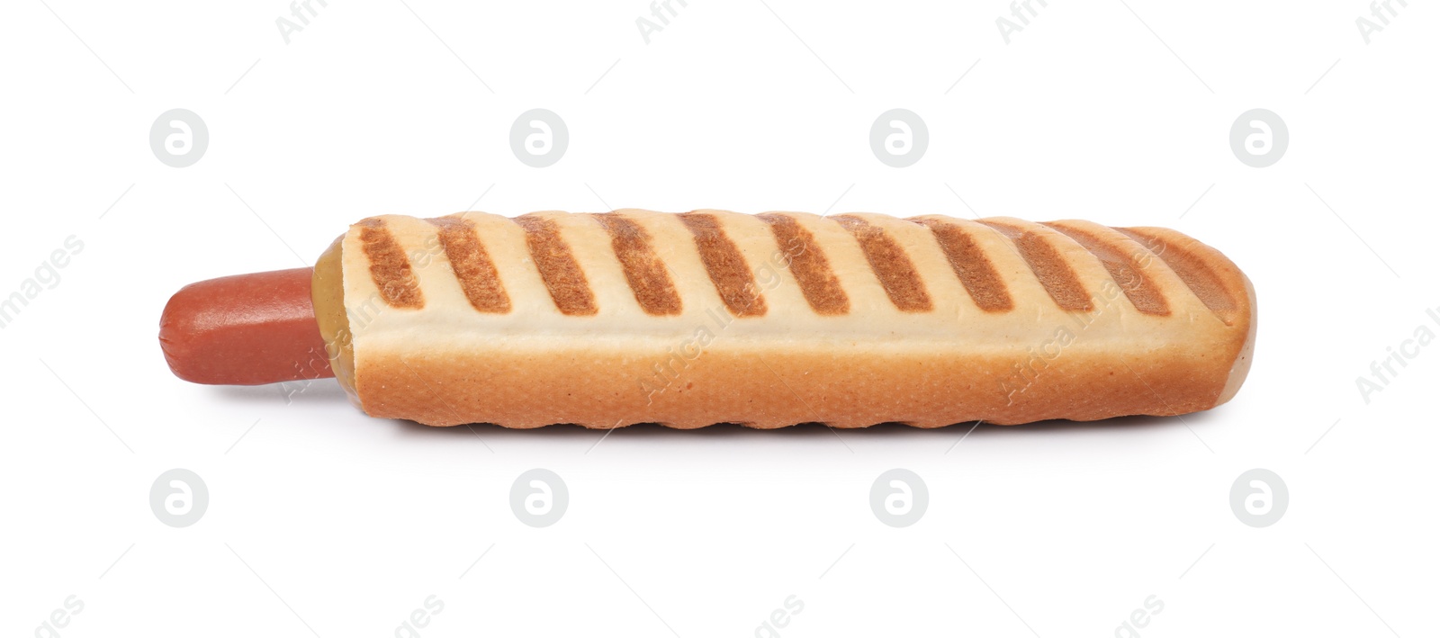 Photo of Tasty french hot dog with mustard isolated on white