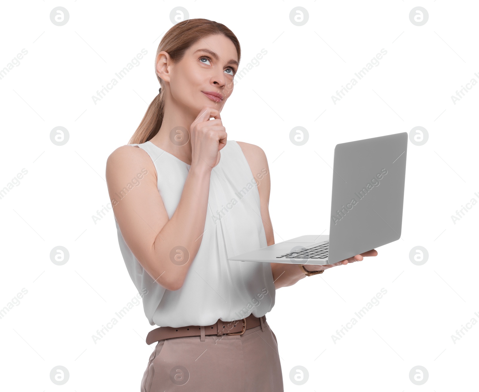 Photo of Beautiful smiling businesswoman with laptop on white background