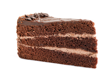 Photo of Piece of tasty chocolate cake isolated on white