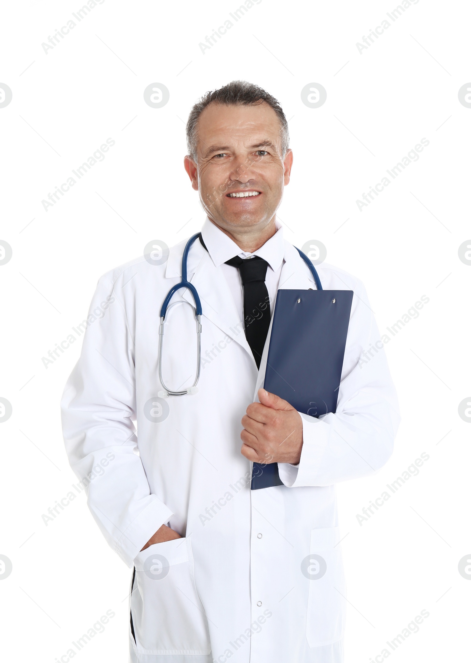 Photo of Portrait of experienced doctor in uniform on white background. Medical service