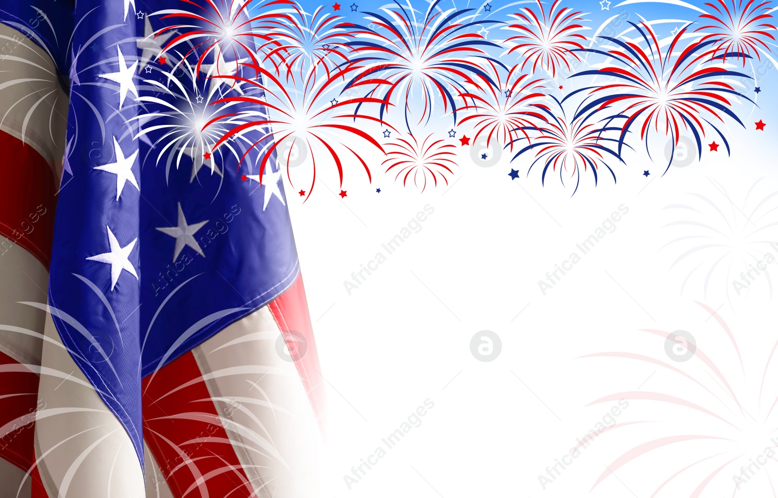 Image of 4th of july - Independence Day of USA. American national flag and fireworks on white background, space for design