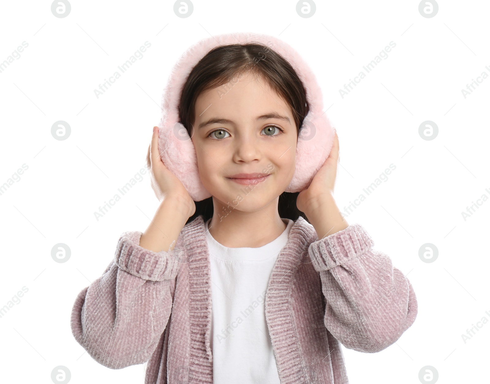 Photo of Cute girl wearing stylish earmuffs on white background