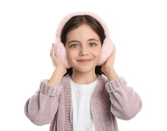 Photo of Cute girl wearing stylish earmuffs on white background