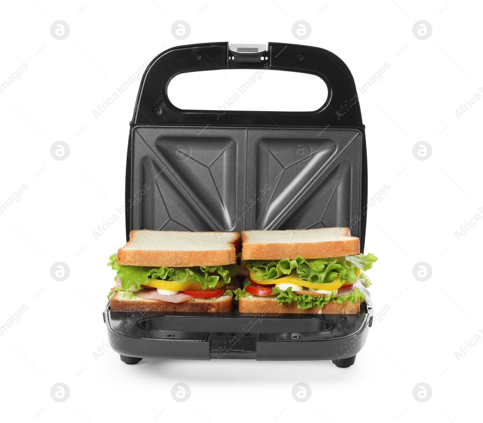 Photo of Modern grill maker with tasty sandwiches on white background