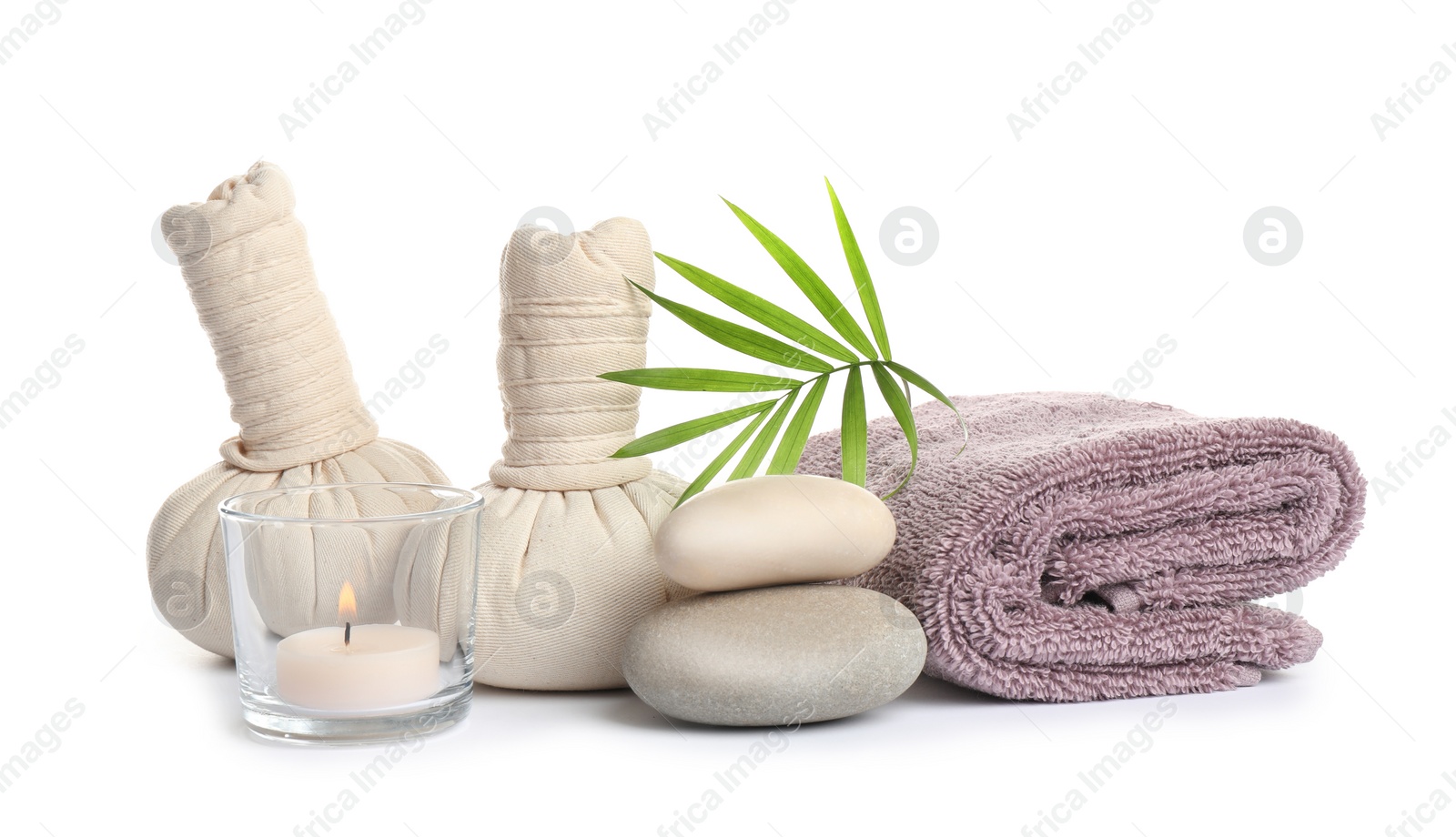 Photo of Beautiful spa composition with herbal bags on white background