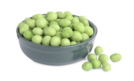 Photo of Tasty wasabi coated peanuts in bowl on white background