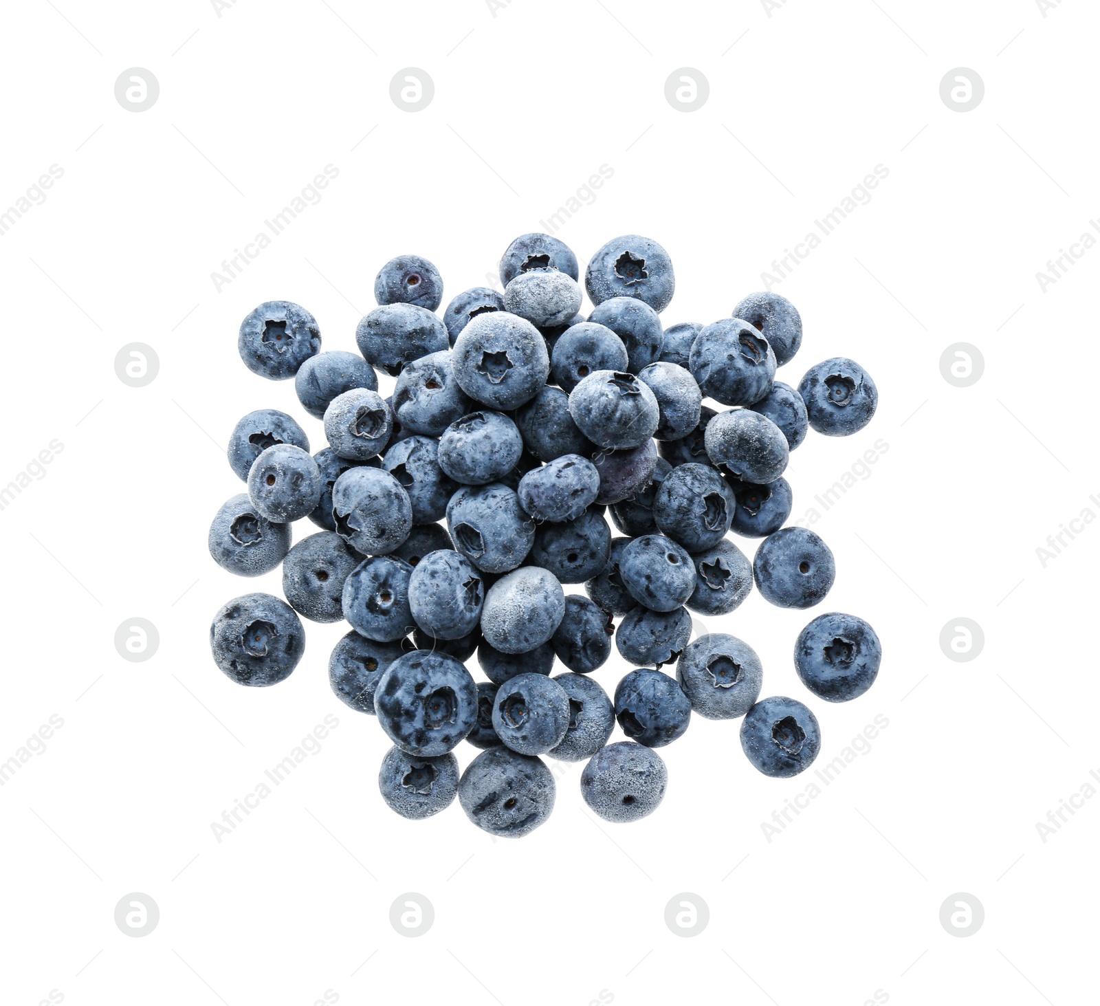 Photo of Heap of tasty frozen blueberries on white background, top view