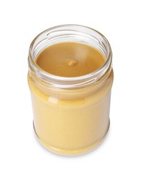 Fresh tasty mustard sauce in glass jar isolated on white