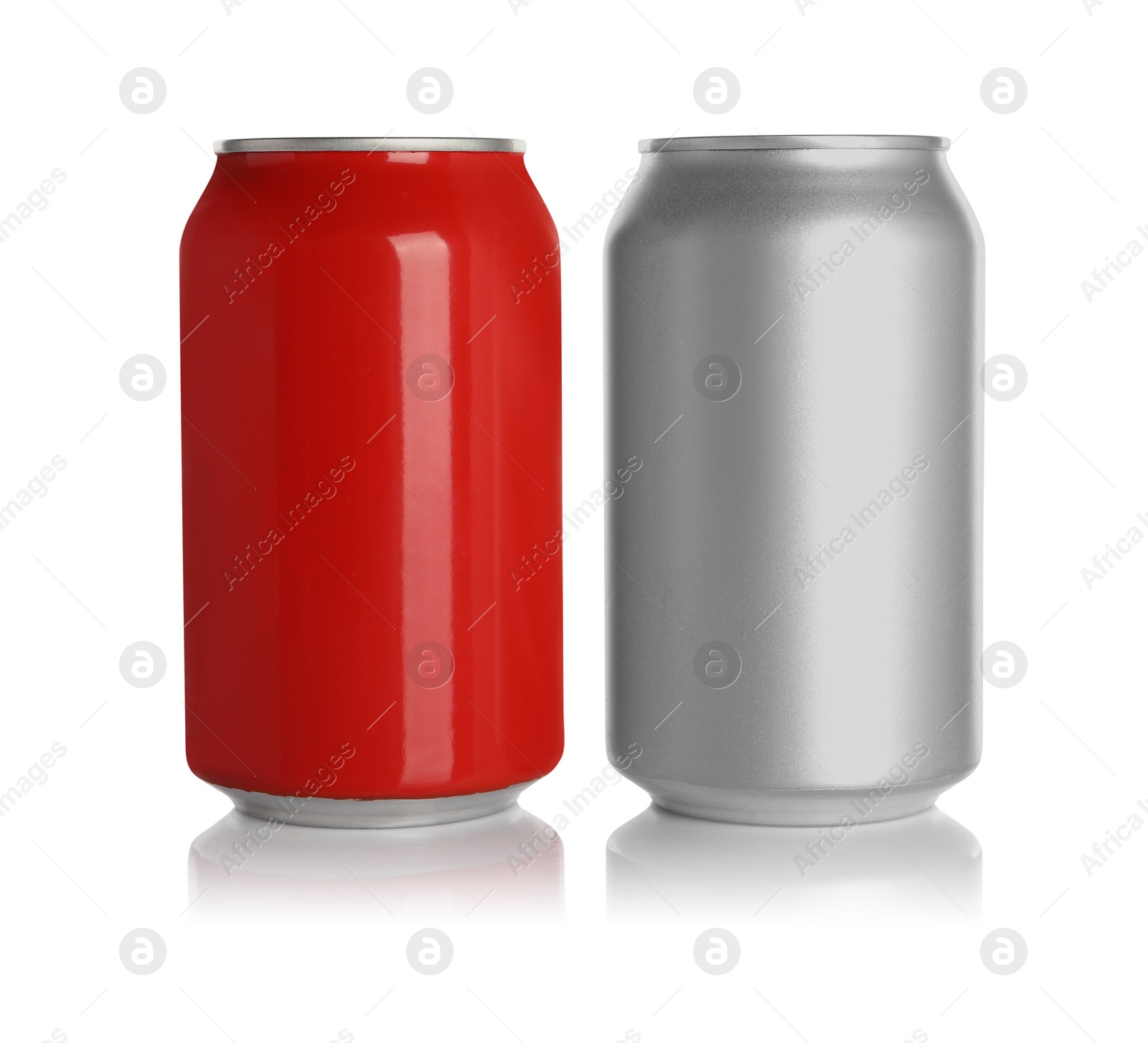 Photo of Aluminum cans with drinks on white background