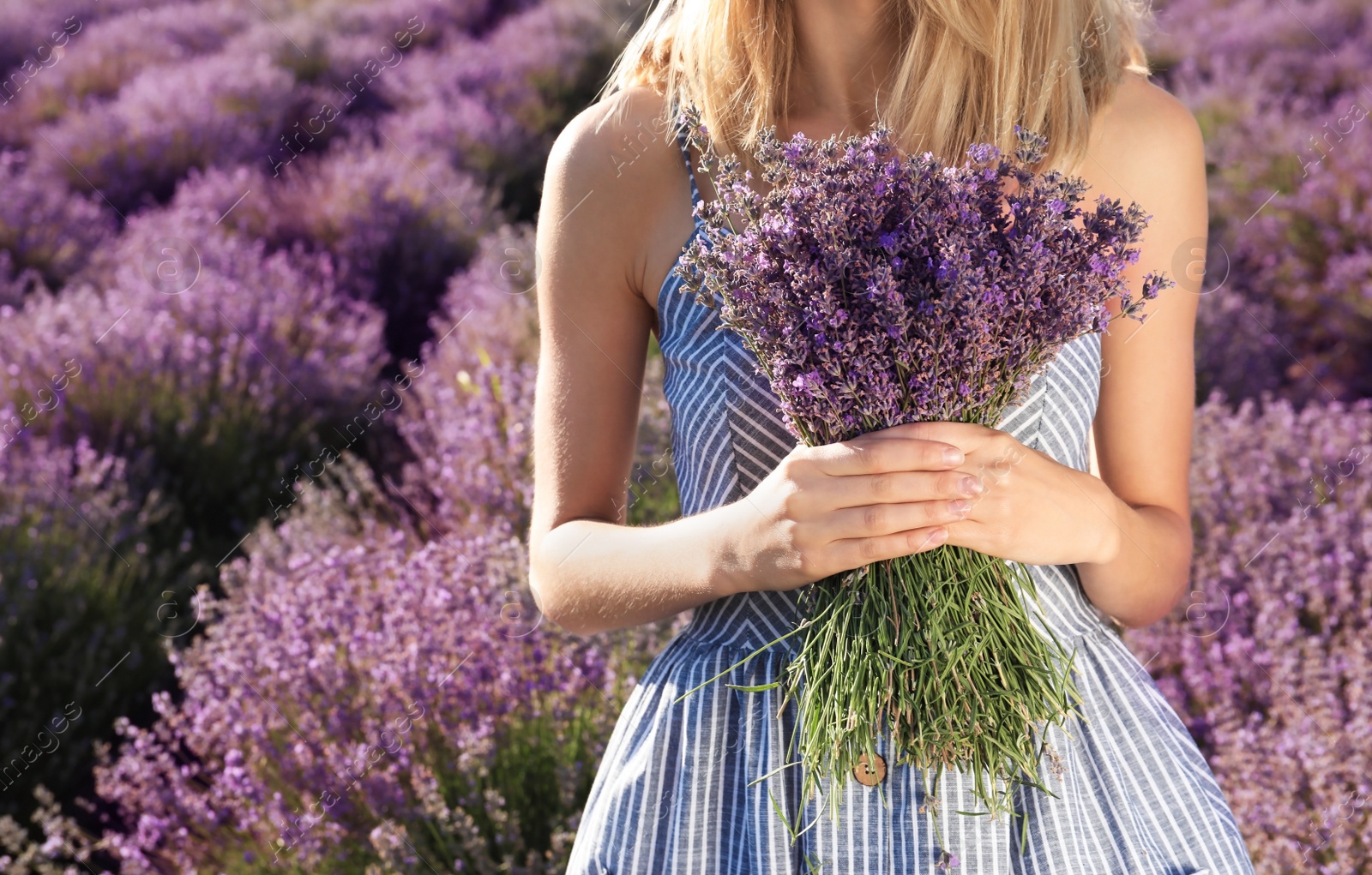 Photo of Young woman with bouquet in lavender field