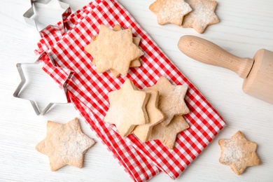 Photo of Composition with tasty homemade Christmas cookies on table, top view