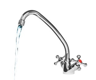 Image of Water stream flowing from tap on white background